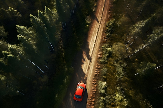 Estrada através da floresta verde Vista aérea carro vermelho passando pela floresta AI gerar