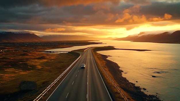 Estrada cênica na Islândia bela natureza paisagem panorama aéreo montanhas e costa ao pôr do sol