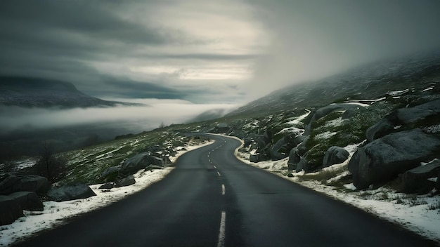 Estrada cercada por rochas cobertas de vegetação e neve sob um céu nublado e nevoeiro