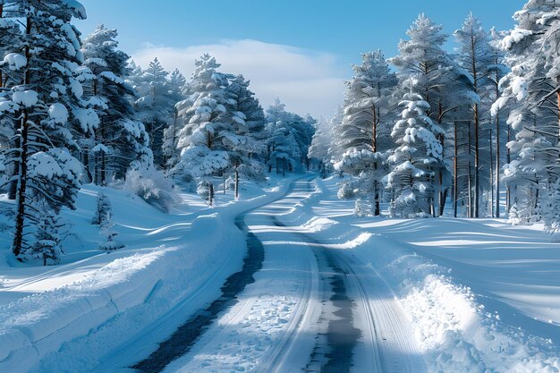 Estrada coberta de neve cercada por pinheiros IA generativa