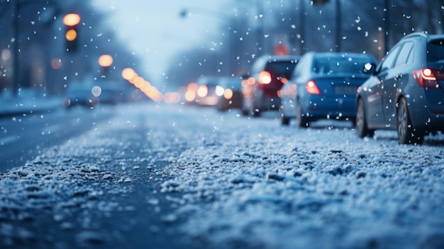 Estrada coberta de neve com carros a conduzir à noite