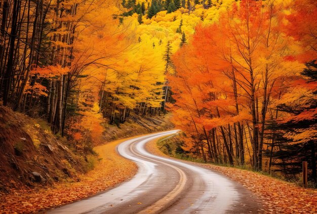 estrada colorida para o outono nas montanhas laranja e carmesim