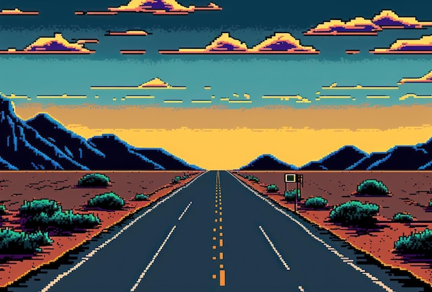 Estrada com bela natureza em torno do fundo do estilo de arte de pixel de viagem de lado do país