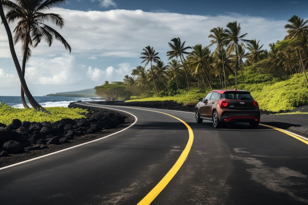 Estrada com carro, mar e palmeiras conceito de viagem de verão papel de parede de férias