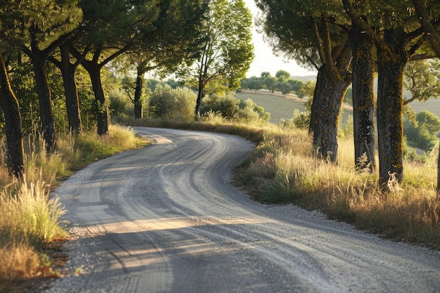 Estrada curva alinhada com árvores