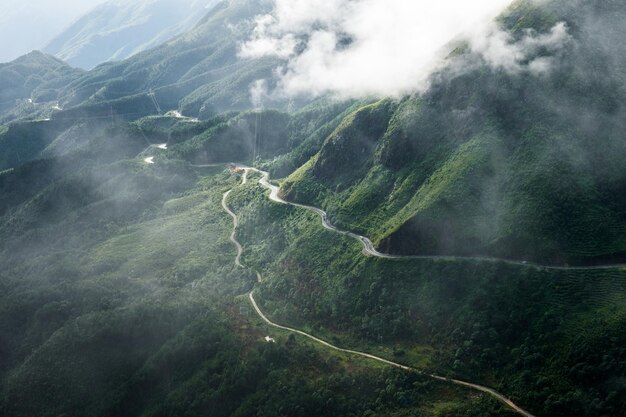 Estrada curva no vale com nevoeiro
