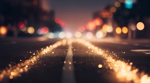 Foto estrada da cidade à noite com luzes bokeh fundo desfocado abstrato
