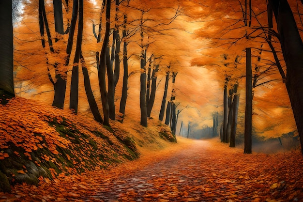 Estrada da floresta de outono no fundo das folhas de outono
