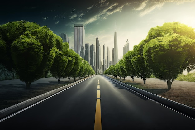 Estrada de asfalto e árvore verde Generative ai