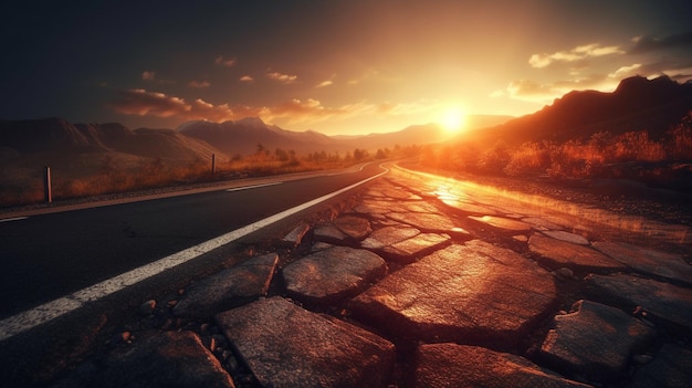 Estrada de asfalto em um dia ensolarado de verão ao pôr do sol brilhante Generative Ai