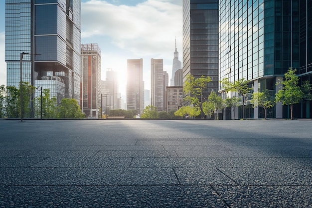 Foto estrada de asfalto larga e edifícios modernos da cidade sob o céu azul