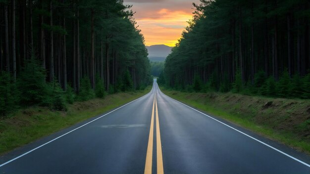 Estrada de asfalto na floresta de verão ao pôr-do-sol nas montanhas da crimeia