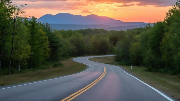 Foto estrada de asfalto na floresta de verão ao pôr-do-sol nas montanhas da crimeia