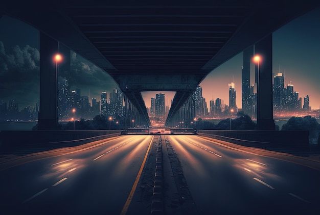 Estrada de asfalto noturna sob a ponte com um impressionante horizonte metropolitano ao fundo