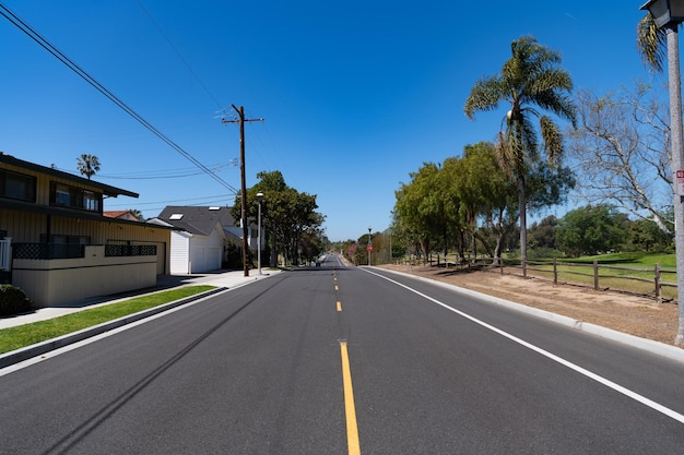 Estrada de asfalto suburbano com linhas de marcação amarelas nos subúrbios