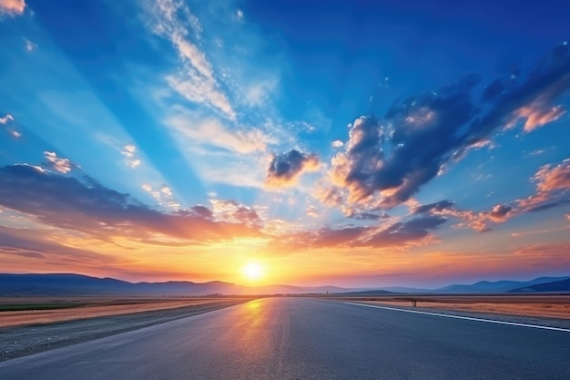 Estrada de asfalto vazia e lindo céu na vista panorâmica do pôr do sol