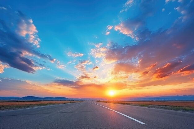 Foto estrada de asfalto vazia e lindo céu na vista panorâmica do pôr do sol