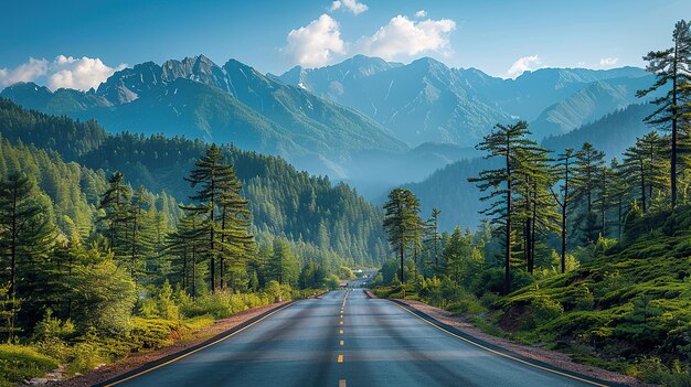 Foto estrada de auto-estrada de asfalto e floresta verde com paisagem natural de montanha sob o céu azul