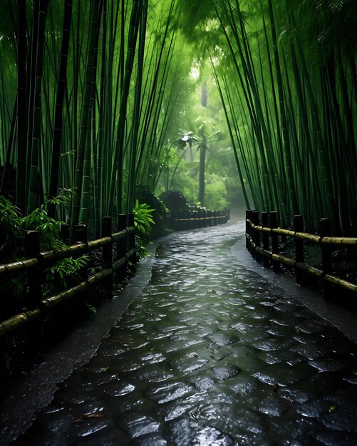 Estrada de bambu através da floresta chuvosa