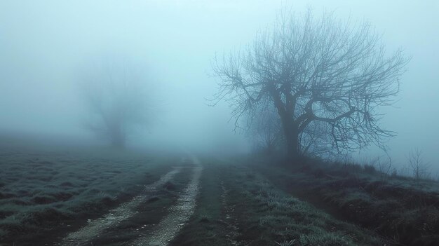 Foto estrada de campo em um dia nebuloso a estrada é cercada por um denso nevoeiro branco que obscurece a vista da área circundante