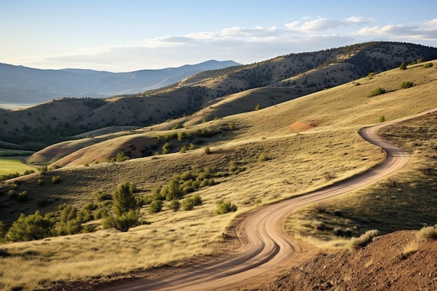 Estrada de cascalho que serpenteia pelos contrafortes das montanhas