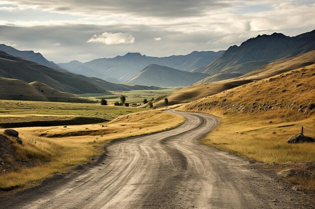 Foto estrada de cascalho que serpenteia pelos contrafortes das montanhas