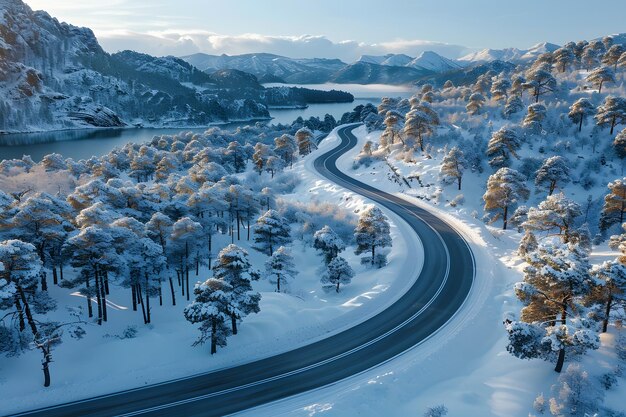 Estrada de Floresta de Neve Curva através de Árvores IA Gerativa