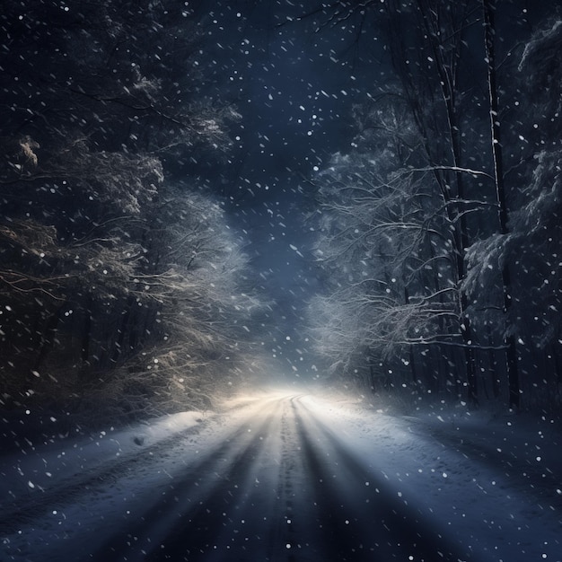 Foto estrada de inverno através da floresta com árvores cobertas de neve e flocos de neve