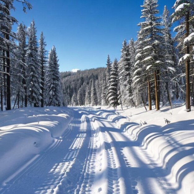 estrada de inverno com marcas de pneus na neve com pinheiros cobertos de neve