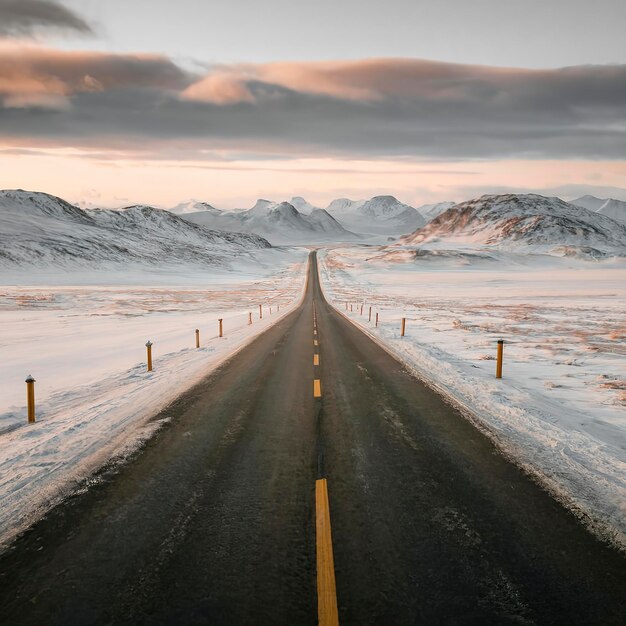 Foto estrada de inverno gelada através das colinas da tundra em teriberka