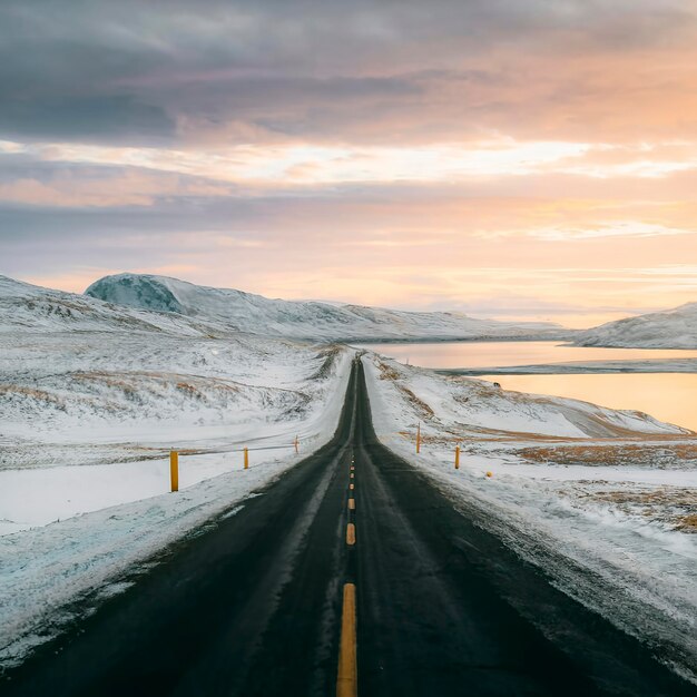 Foto estrada de inverno gelada através das colinas da tundra em teriberka