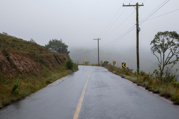 Estrada de mão dupla na área rural com árvores em dia de neblina. Nenhum carro