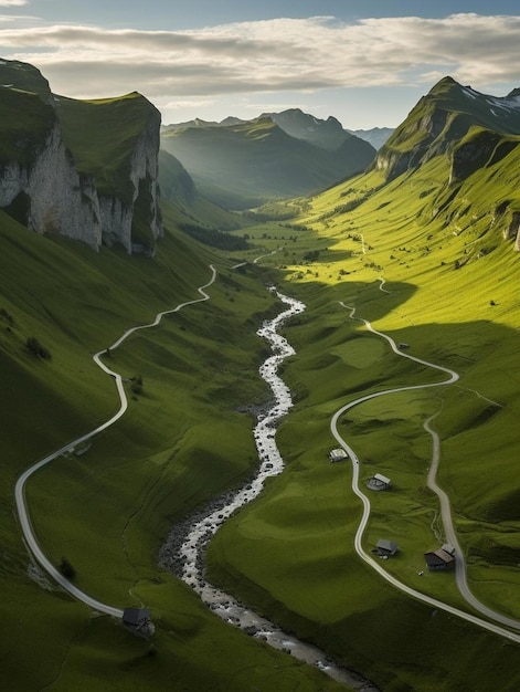 estrada de montanha com vista para o maciço de Alpstein e o monte Sntis cantão Appenzell Ausserrhoden.