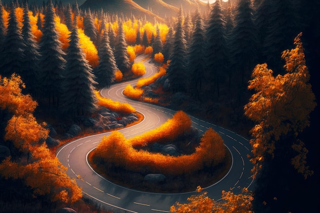 Estrada de montanha curva na floresta de outono