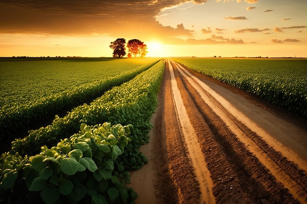 Estrada de terra cênica que atravessa um campo verde exuberante com céu azul acima da IA generativa