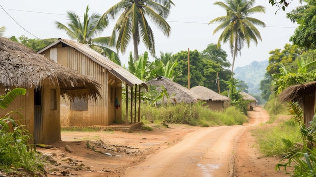 Estrada de terra com cabanas e palmeiras