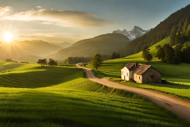 estrada de terra de uma aldeia com grama verde nas montanhas com uma bela paisagem