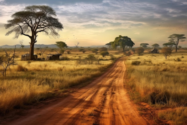 Estrada de terra empoeirada serpenteando pela paisagem de savana criada com IA generativa