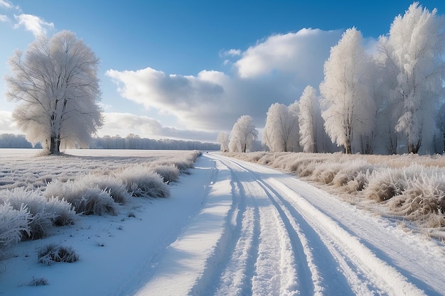 Estrada de terra que leva a florestas congeladas ao longo de terras agrícolas nevadas sob um céu azul com nuvens brancas e fofas