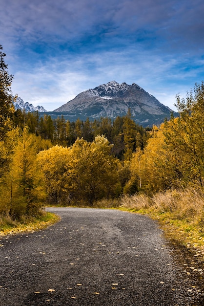 Estrada de trilha selvagem na floresta de outono pico de montanhas coberto de neve em montanhas tatra de fundo