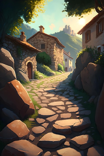 estrada de vila de pintura em aquarela com belas casas, arte de pintura