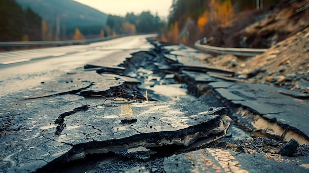 Estrada destruída por um deslizamento de terra