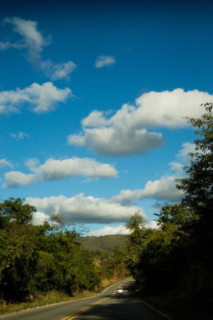 Estrada em meio a árvores contra o céu azul