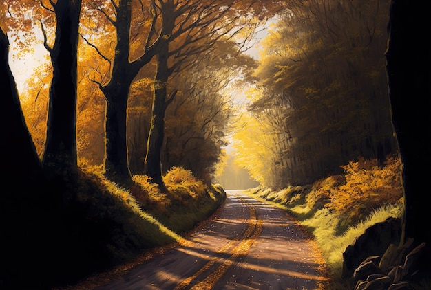 Estrada em uma floresta de outono com luz do sol brilhando por entre as árvores