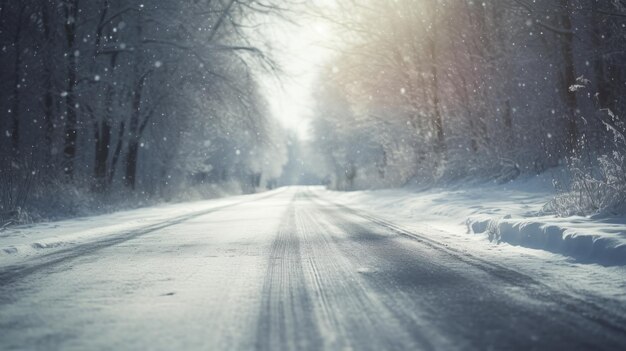 Estrada ensolarada de inverno coberta de neve Generative AI