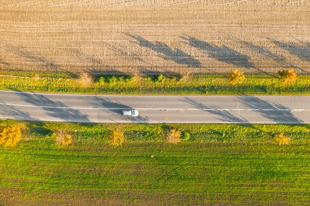 Estrada entre o campo verde e o solo cultivado com árvores amarelas ao pôr do sol no outono com carro. Vista aérea na estrada de asfalto ou beco de árvores.