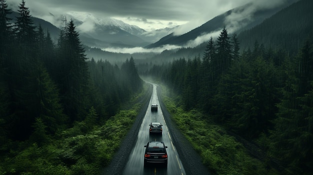 estrada escura e nebulosa com carros dirigindo pela floresta em mídia mista