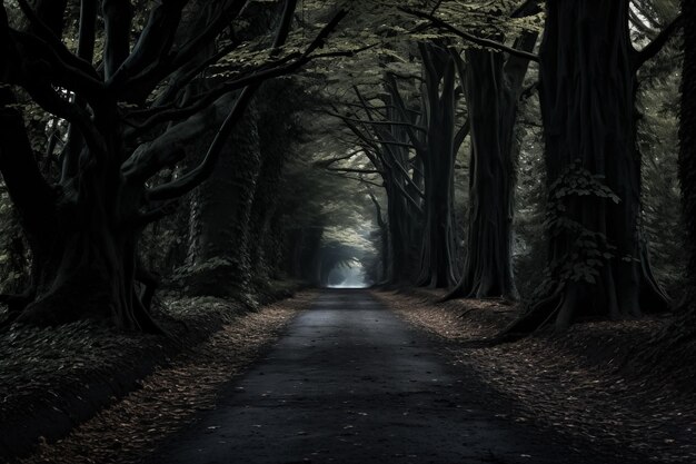 Foto estrada escura entre grandes árvores velhas