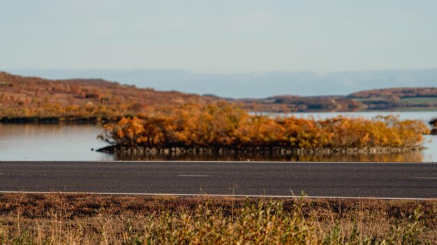 Estrada isolada no outono perto do lago