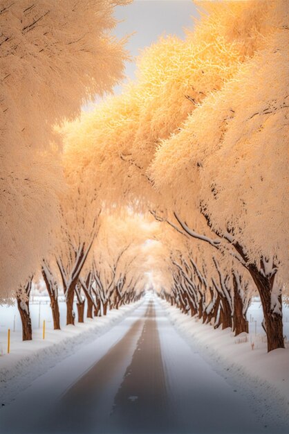 Estrada ladeada por árvores cobertas de neve generativa ai